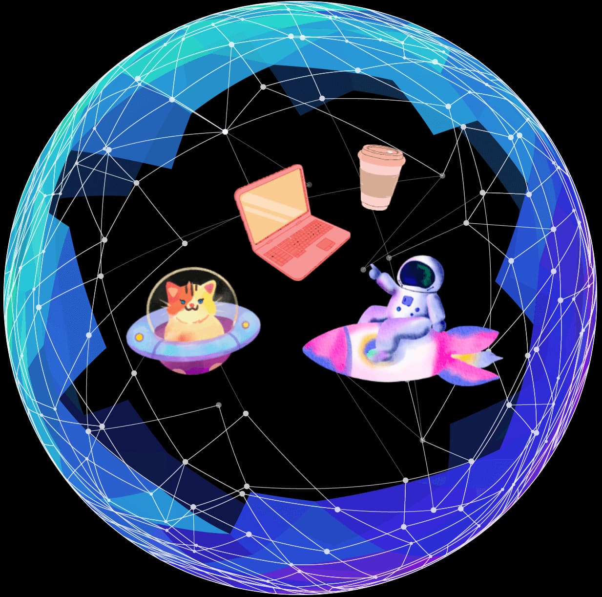 image of an earth surrounded by an astronaut, a cat in a spaceship, a keyboard and a cup of coffee.